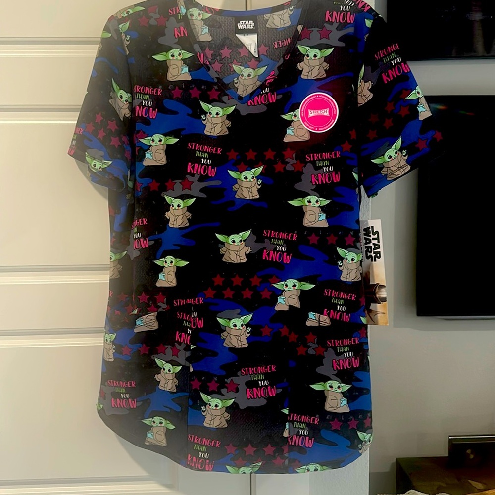 Star Wars Black Scrub Top with Baby Yoda and Colorful Accents